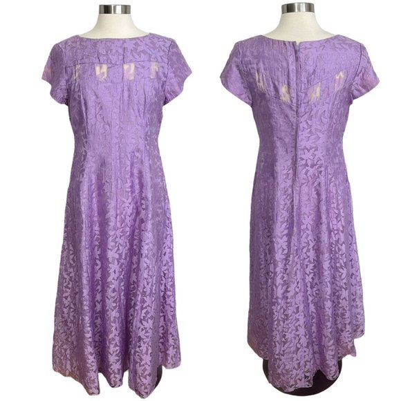 Unbranded Dresses & Skirts - Vtg 1970s Large Lilac Purple Sheer Floral Chiffon Modest Short Sleeve Prom Dress